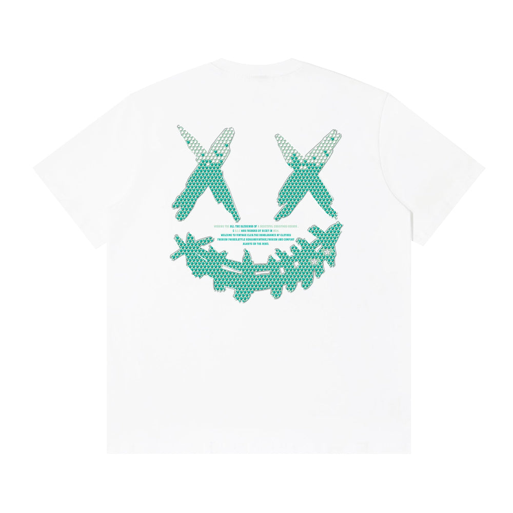 RIC Tiffany Blue Rhinestone Smiley Graphic T-Shirt 蒂芙尼烫钻撕裂笑脸短袖