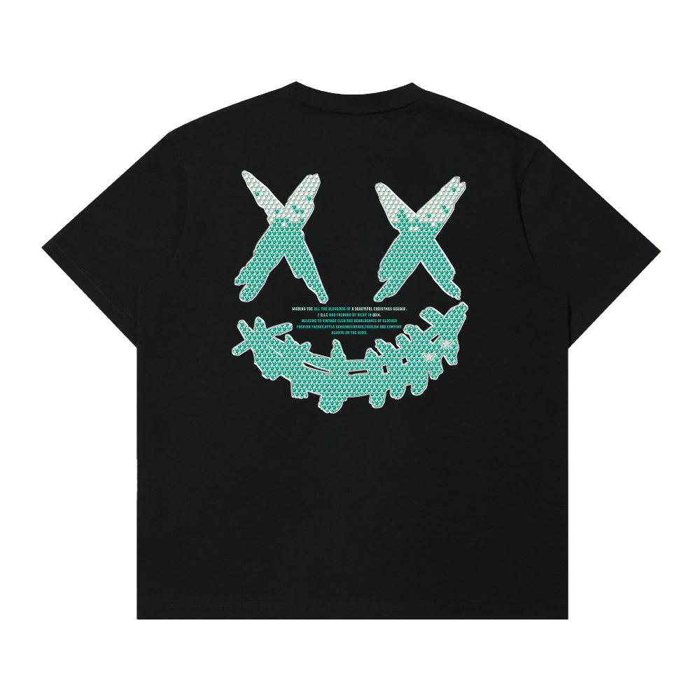 RIC Tiffany Blue Rhinestone Smiley Graphic T-Shirt 蒂芙尼烫钻撕裂笑脸短袖