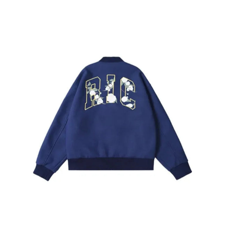 BLUE RickyisClown Wool Crewneck Varsity Jacket with Camellia Embroidery (Unisex)