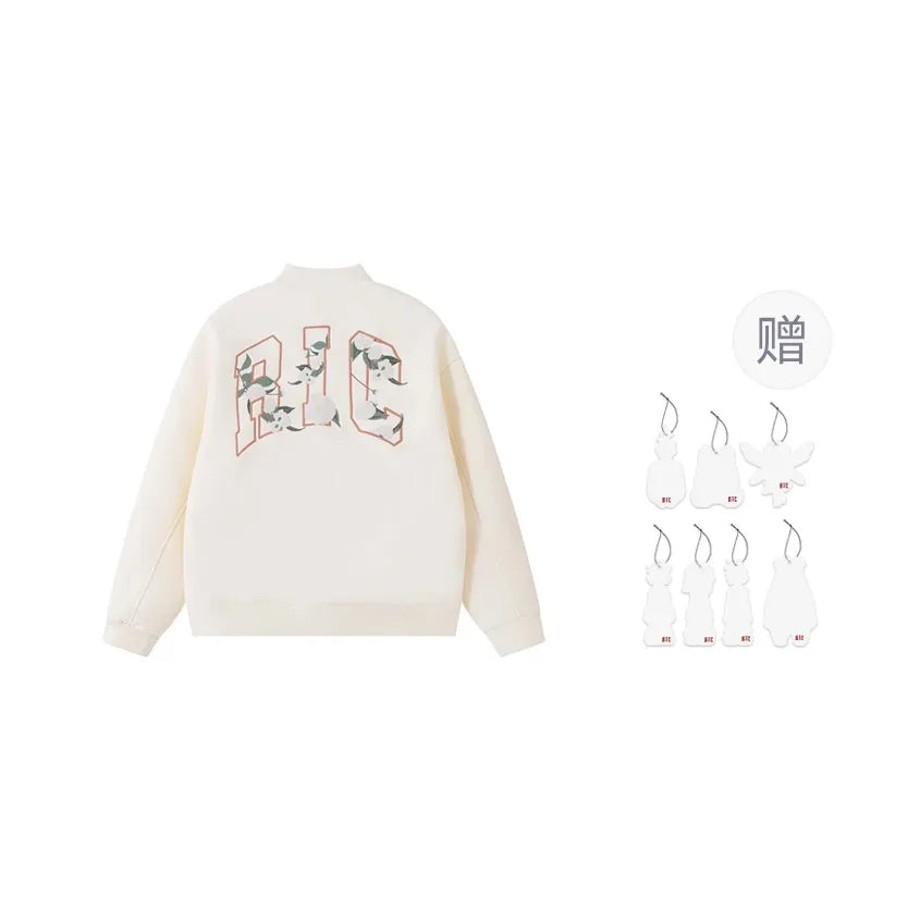 WHITE RickyisClown Wool Crewneck Varsity Jacket with Camellia Embroidery (Unisex)