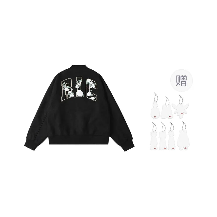 BLACK RickyisClown Wool Crewneck Varsity Jacket with Camellia Embroidery (Unisex)