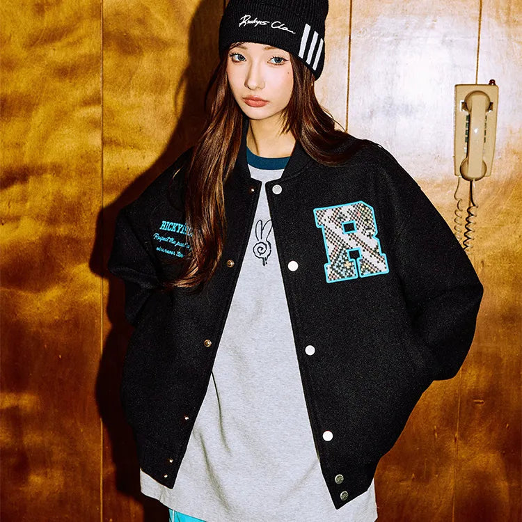 BLACK RIC Labyrinth Patchwork Varsity Jacket with Ethnic Motifs (Unisex)