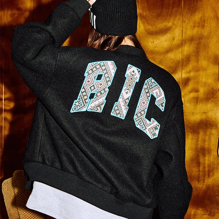 BLACK RIC Labyrinth Patchwork Varsity Jacket with Ethnic Motifs (Unisex)