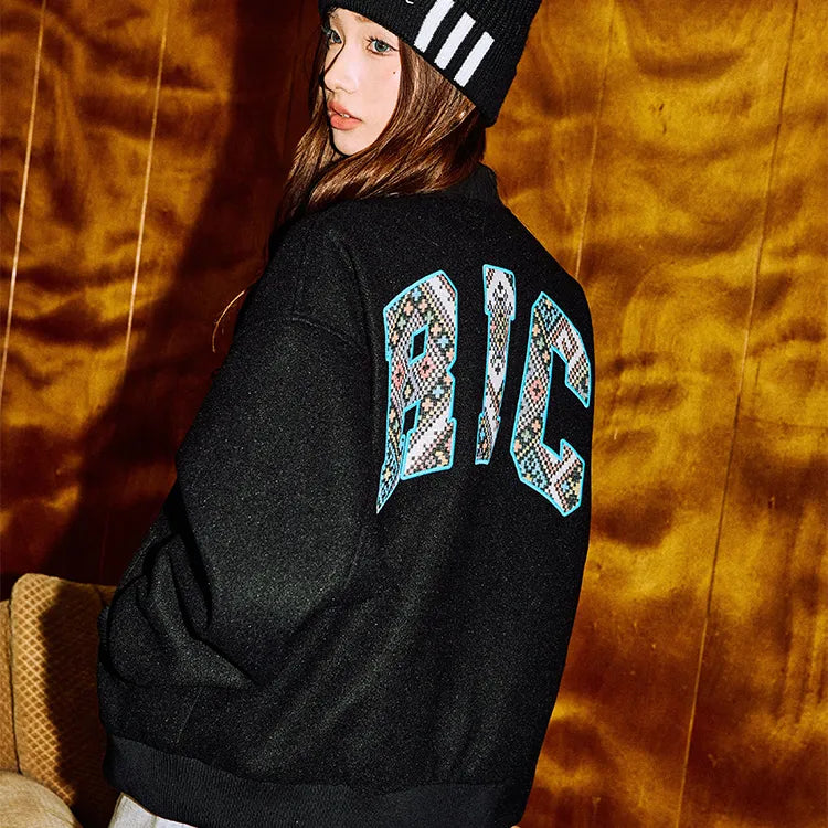 BLACK RIC Labyrinth Patchwork Varsity Jacket with Ethnic Motifs (Unisex)