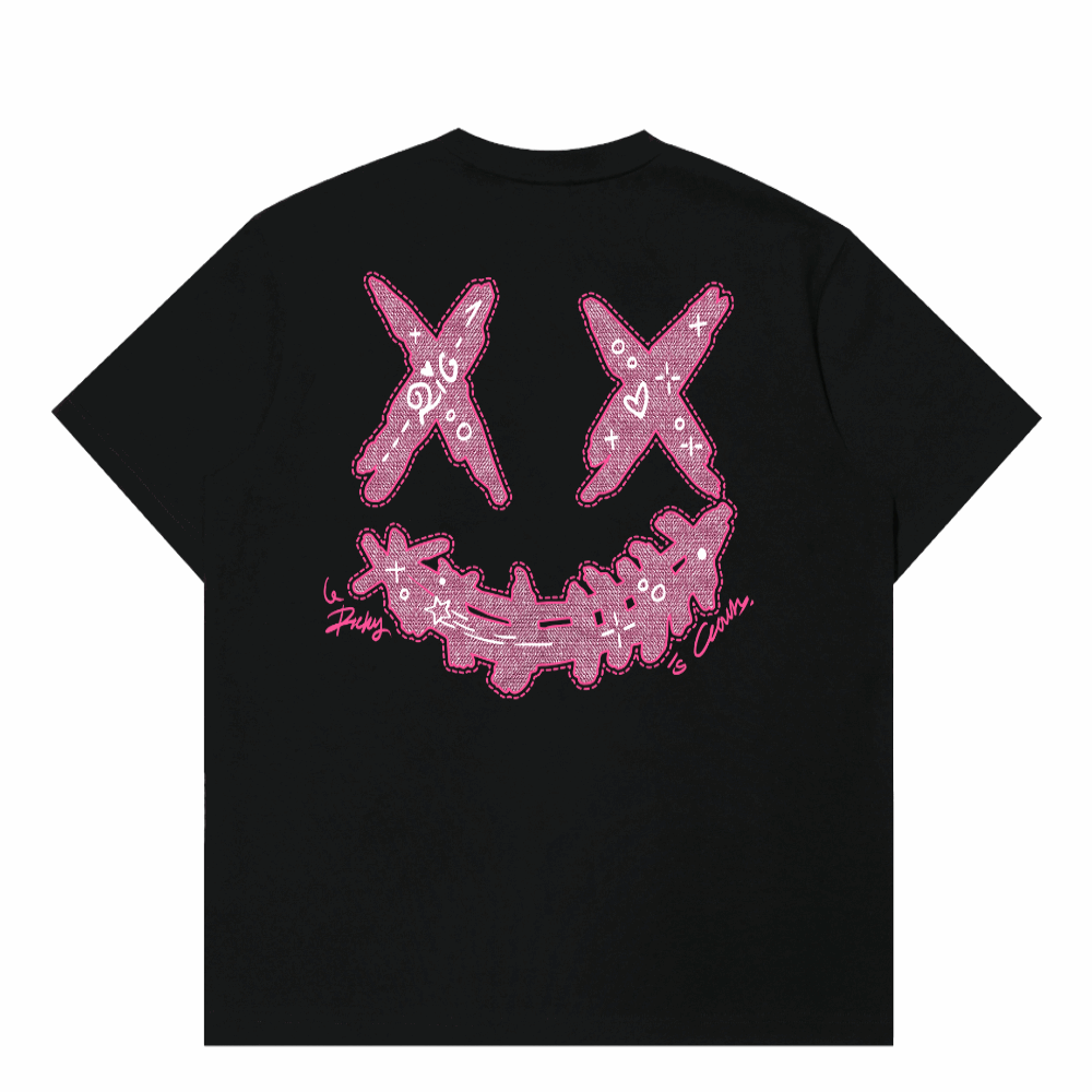 RIC "Peach Graffiti" Leather Patch Smiley Tee “桃红涂鸦”贴皮绣笑脸短袖