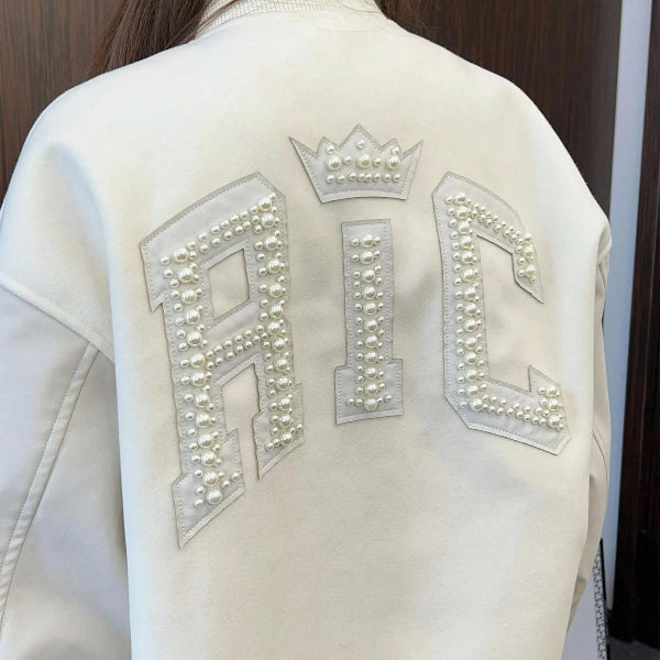 Jaket Varsiti "Arch Structure" RickyisClown dengan Appliqué Kulit & Sulaman Mutiara (Unisex)