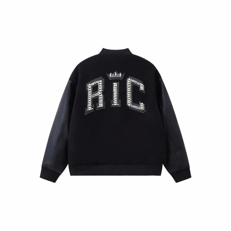 Jaket Varsiti "Arch Structure" RickyisClown dengan Appliqué Kulit & Sulaman Mutiara (Unisex)
