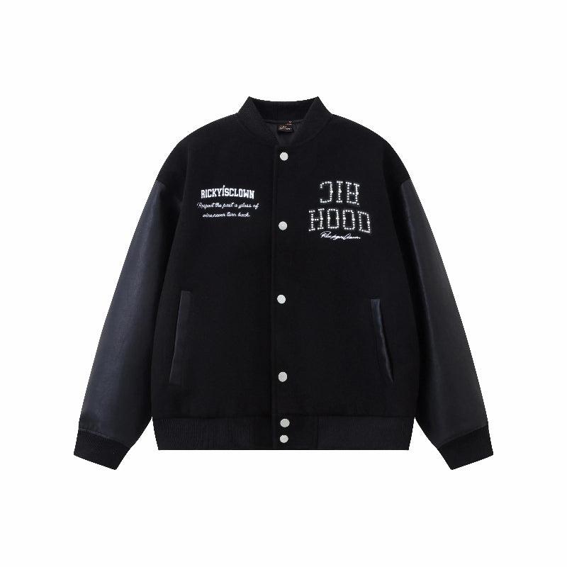 Jaket Varsiti "Arch Structure" RickyisClown dengan Appliqué Kulit & Sulaman Mutiara (Unisex)