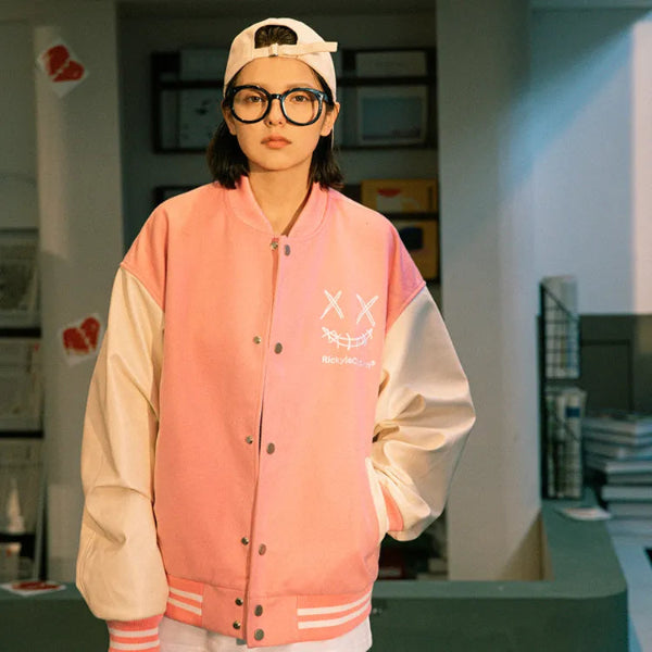 PINK RickyisClown Ripped Smiley Patchwork Varsity Jacket (Unisex)