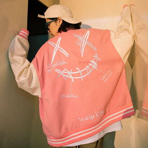 PINK RickyisClown Ripped Smiley Patchwork Varsity Jacket (Unisex)