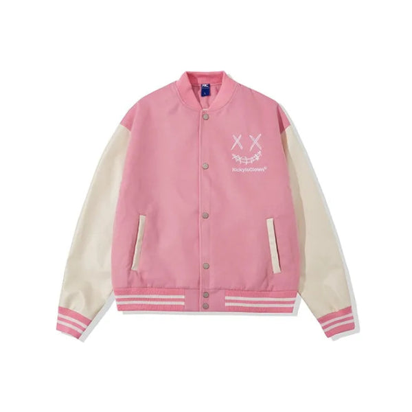 PINK RickyisClown Ripped Smiley Patchwork Varsity Jacket (Unisex)