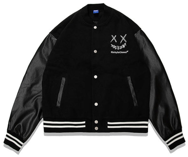 BLACK RickyisClown Ripped Smiley Patchwork Varsity Jacket (Unisex)