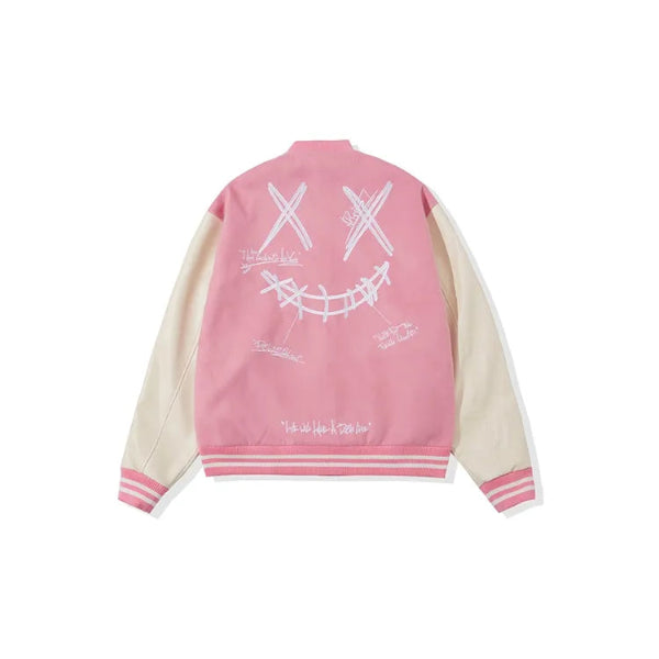 PINK RickyisClown Ripped Smiley Patchwork Varsity Jacket (Unisex)