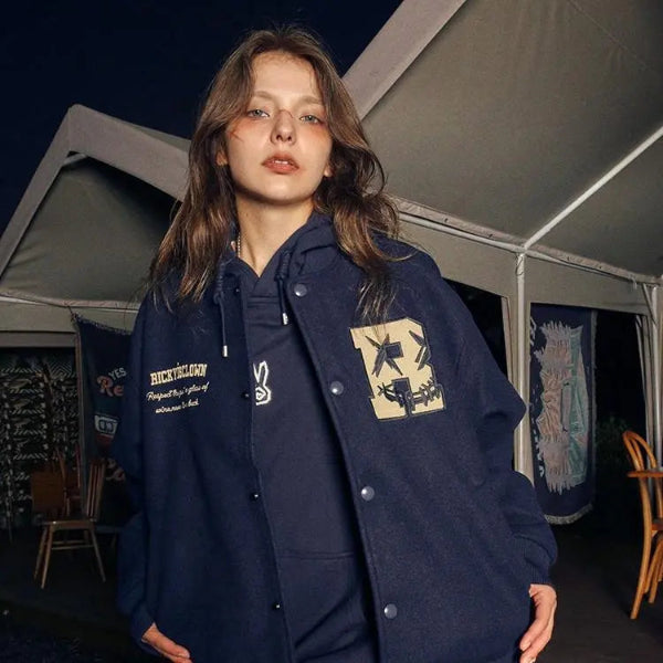BLUE RickyisClown Vintage Flocked Varsity Jacket