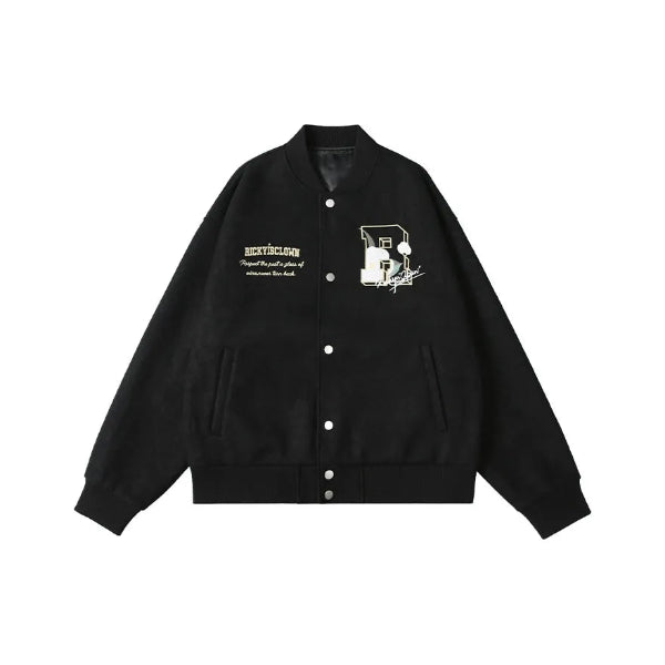 BLACK RickyisClown Wool Crewneck Varsity Jacket with Camellia Embroidery (Unisex)