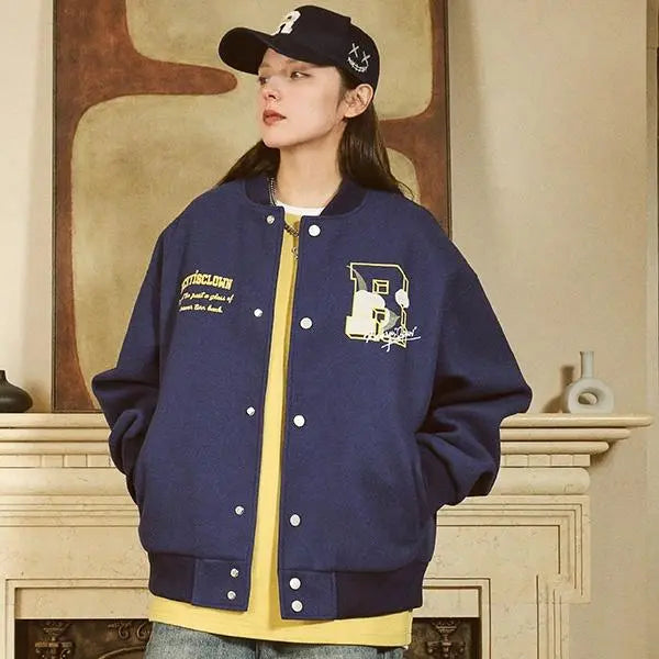 BLUE RickyisClown Wool Crewneck Varsity Jacket with Camellia Embroidery (Unisex)