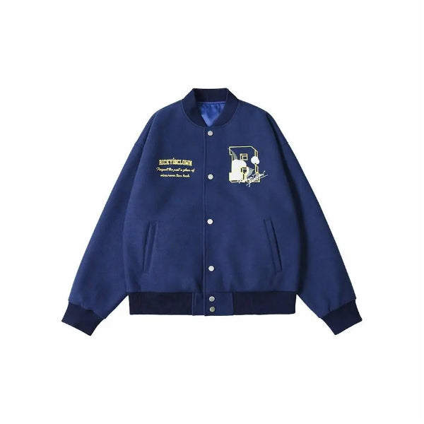 BLUE RickyisClown Wool Crewneck Varsity Jacket with Camellia Embroidery (Unisex)