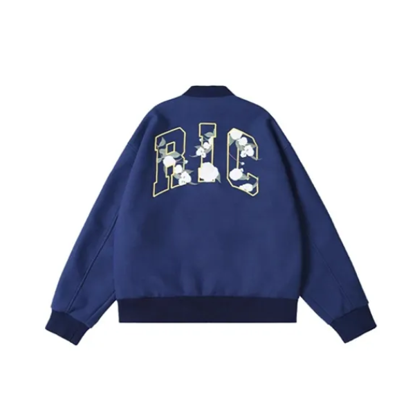 BLUE RickyisClown Wool Crewneck Varsity Jacket with Camellia Embroidery (Unisex)