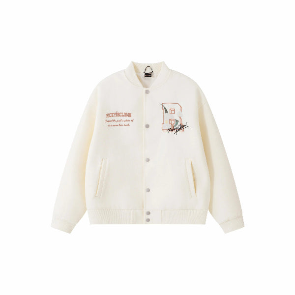 WHITE RickyisClown Wool Crewneck Varsity Jacket with Camellia Embroidery (Unisex)