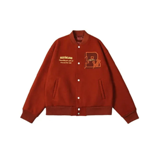 Caramel Red RickyisClwon "Swirl Bunny" Wool Varsity Jacket with Towel Embroidery (Unisex)