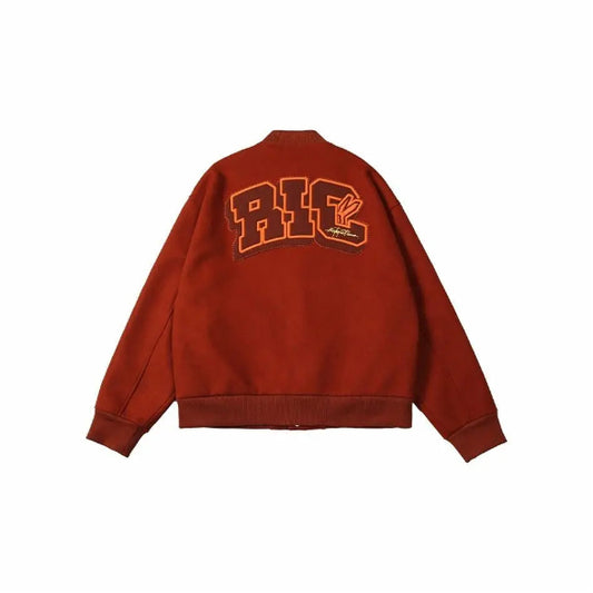 Caramel Red RickyisClwon "Swirl Bunny" Wool Varsity Jacket with Towel Embroidery (Unisex)
