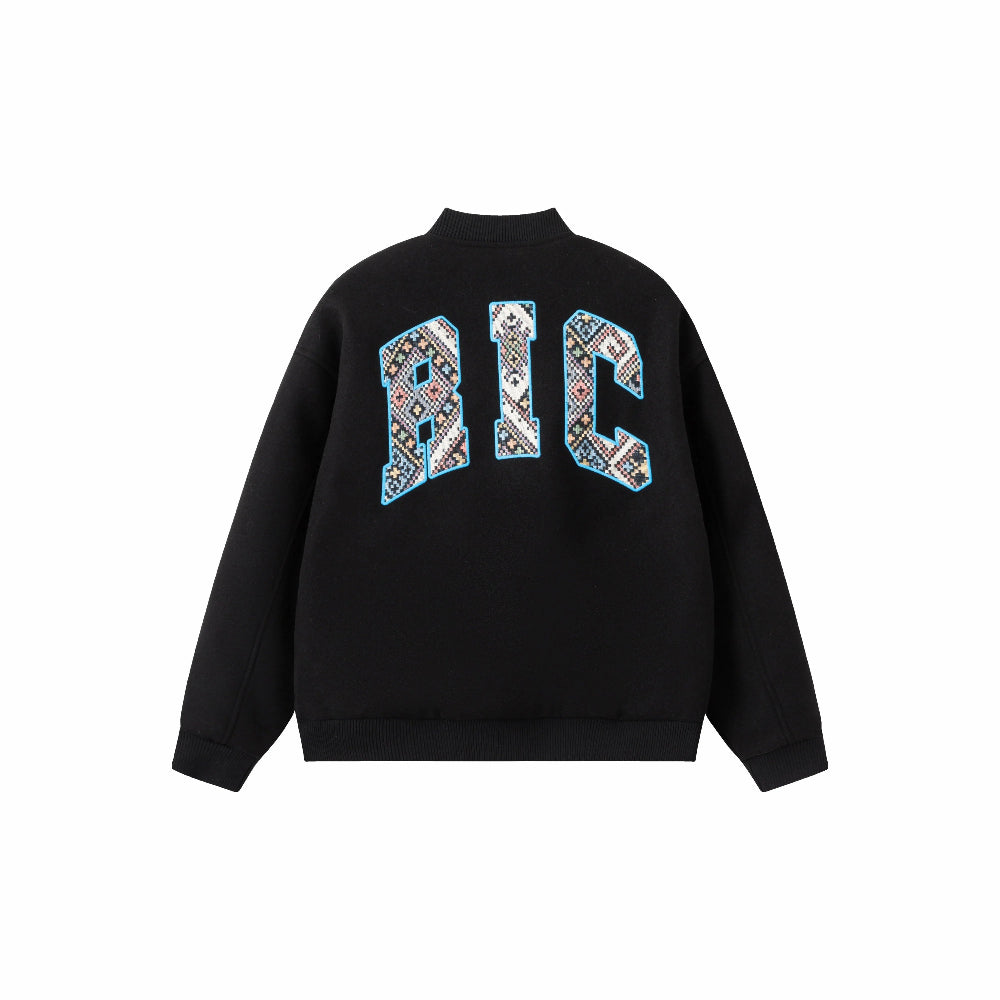 BLACK RIC Labyrinth Patchwork Varsity Jacket with Ethnic Motifs (Unisex)