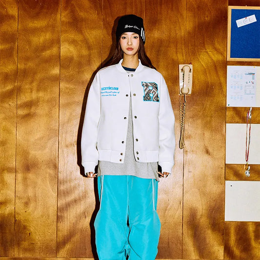 WHITE RIC Labyrinth Patchwork Varsity Jacket with Ethnic Motifs (Unisex)