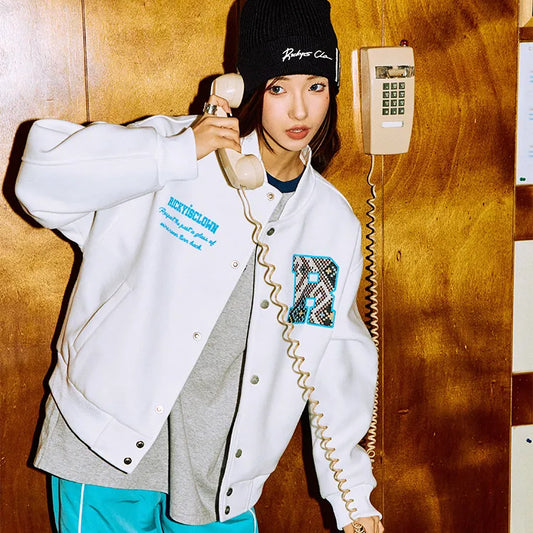 WHITE RIC Labyrinth Patchwork Varsity Jacket with Ethnic Motifs (Unisex)