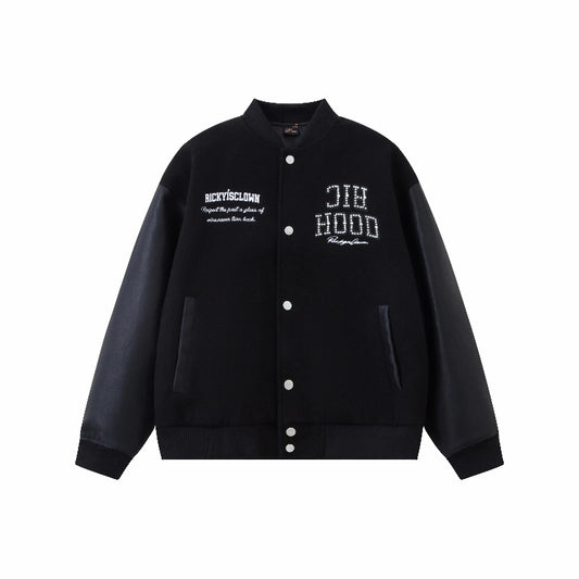 BLACK RickyisClown "Arch Structure" Varsity Jacket with Leather Appliqué & Pearl Embroidery (Unisex)