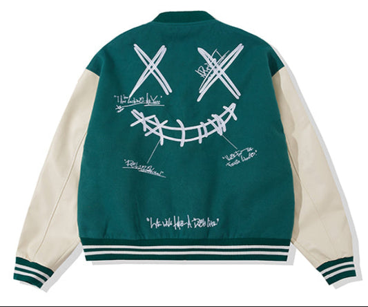 GREEN RickyisClown Ripped Smiley Patchwork Varsity Jacket (Unisex)