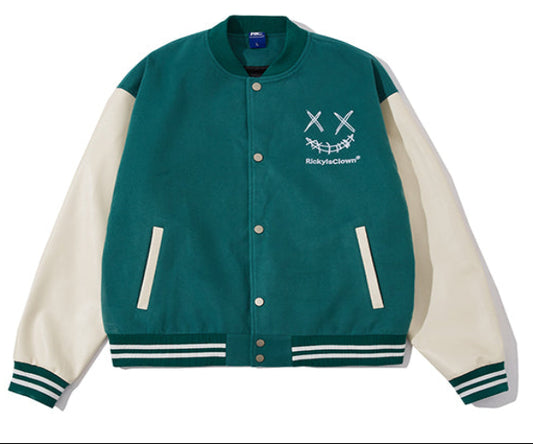 GREEN RickyisClown Ripped Smiley Patchwork Varsity Jacket (Unisex)