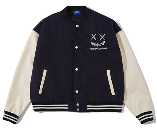 Biru tua RickyisClown Ripped Smiley Patchwork Varsity Jacket (Unisex)