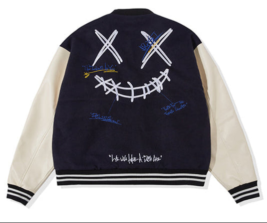 Biru tua RickyisClown Ripped Smiley Patchwork Varsity Jacket (Unisex)