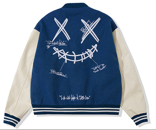 BLUE RickyisClown Ripped Smiley Patchwork Varsity Jacket (Unisex)