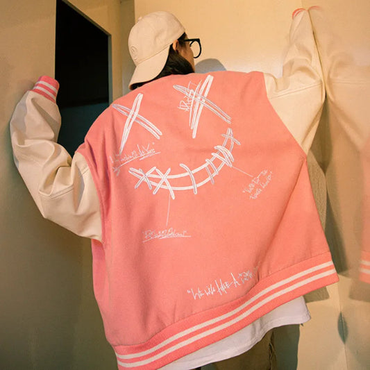 PINK RickyisClown Ripped Smiley Patchwork Varsity Jacket (Unisex)