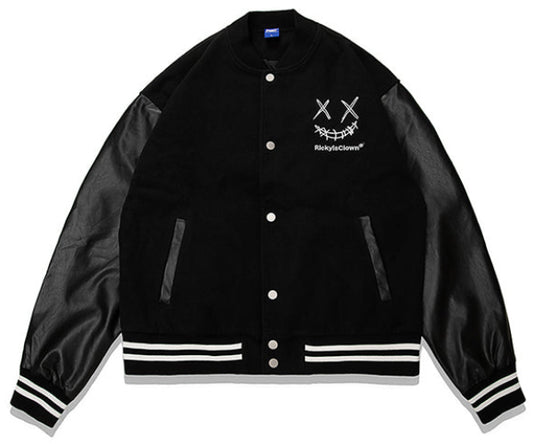 BLACK RickyisClown Ripped Smiley Patchwork Varsity Jacket (Unisex)