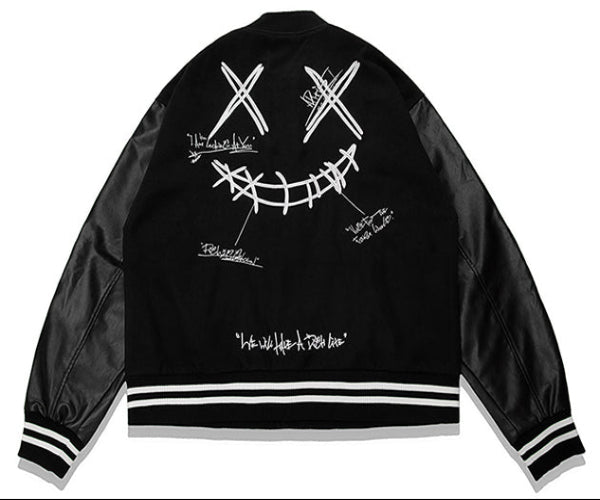 BLACK RickyisClown Ripped Smiley Patchwork Varsity Jacket (Unisex)