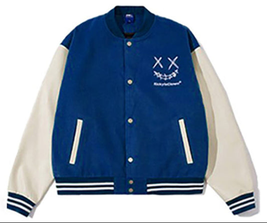 BLUE RickyisClown Ripped Smiley Patchwork Varsity Jacket (Unisex)