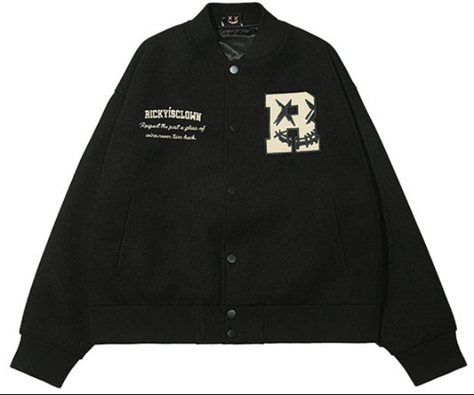 BLACK RickyisClown Vintage Flocked Varsity Jacket