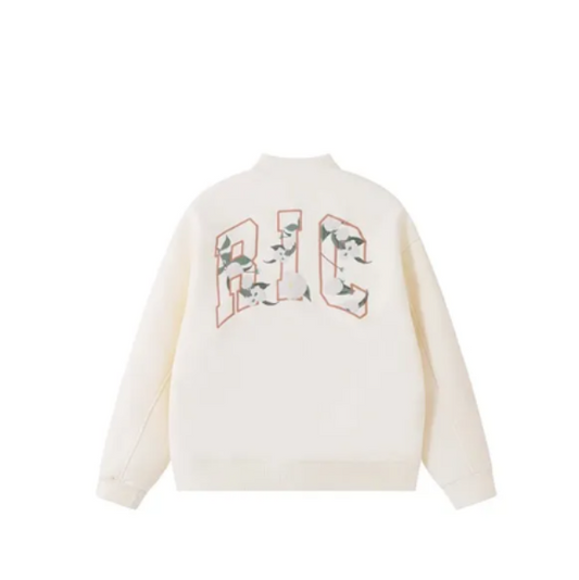 WHITE RickyisClown Wool Crewneck Varsity Jacket with Camellia Embroidery (Unisex)