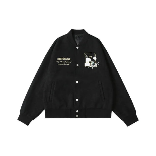BLACK RickyisClown Wool Crewneck Varsity Jacket with Camellia Embroidery (Unisex)