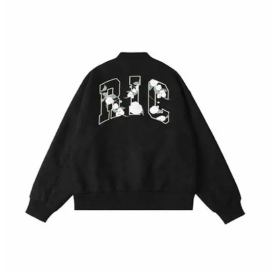 BLACK RickyisClown Wool Crewneck Varsity Jacket with Camellia Embroidery (Unisex)