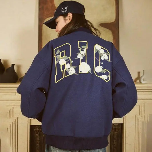 BLUE RickyisClown Wool Crewneck Varsity Jacket with Camellia Embroidery (Unisex)