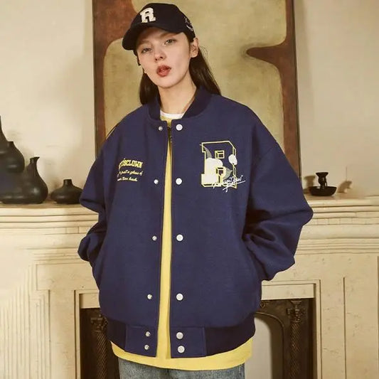 BLUE RickyisClown Wool Crewneck Varsity Jacket with Camellia Embroidery (Unisex)