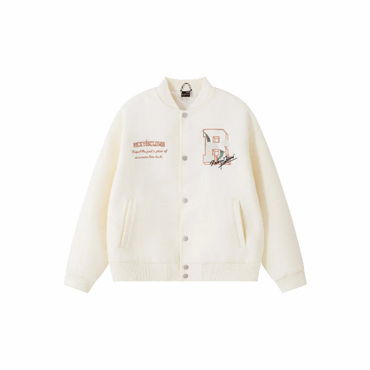 WHITE RickyisClown Wool Crewneck Varsity Jacket with Camellia Embroidery (Unisex)